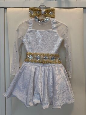 White and Gold Kids Ice Skating Dress with Sequined Belt and Bow
